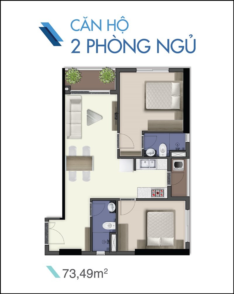 Mẫu căn hộ 2PN Q7 Saigon Riverside Complex