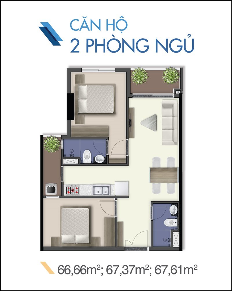 Mẫu căn hộ 2PN - Q7 Saigon Riverside Complex